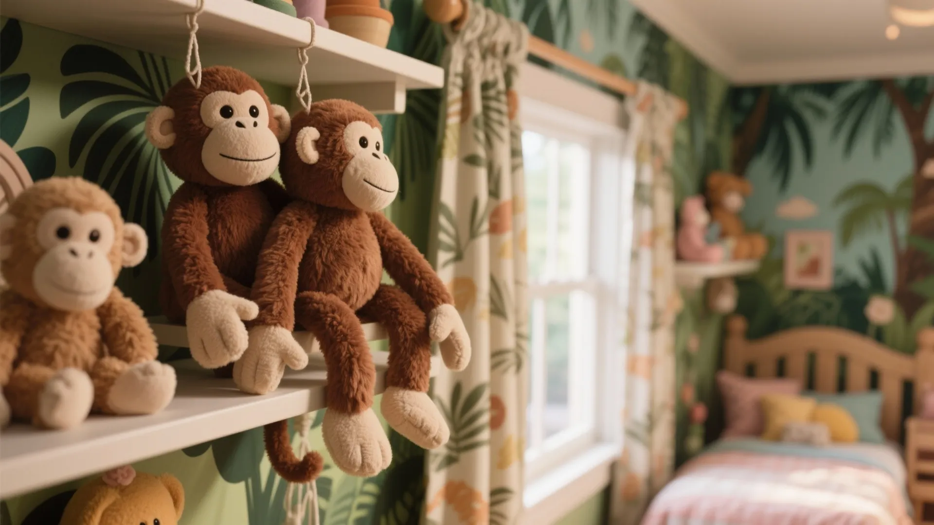 Plush monkey toys as decor in jungle-themed room
